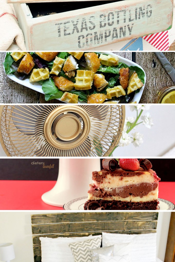 Pinworthy Projects Link Party Features | DIY Vintage Soda Crates, Chicken & Waffles Salad, Glam Fan, Strawberry Brownie Cheesecake, and a DIY King-Size Headboard