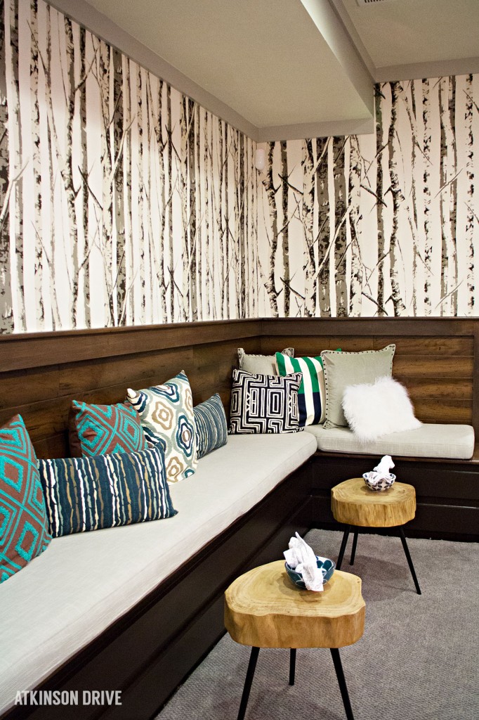 Home-a-Rama 2014: Basement bench seating with wooden stools as tables | Atkinson Drive