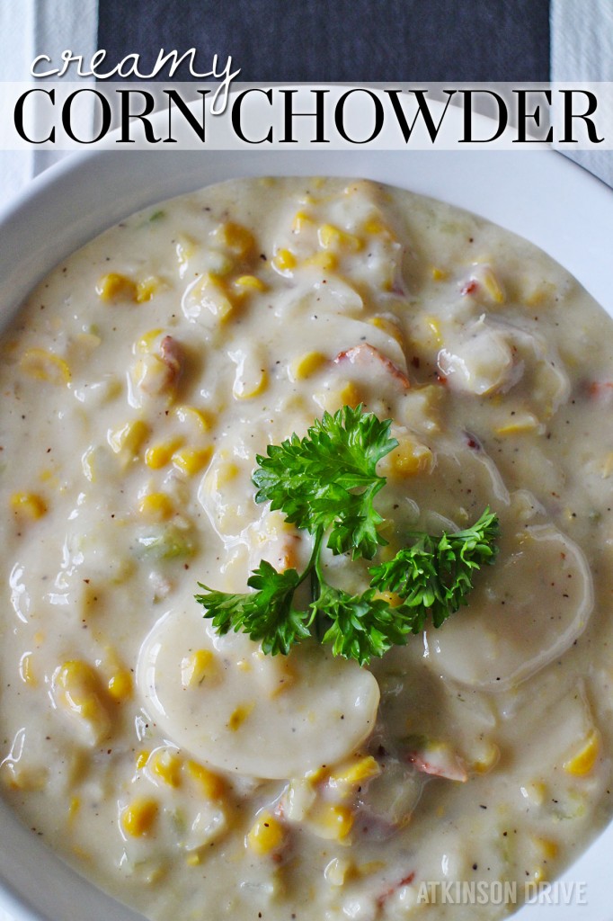 In 30 minutes, have a tasty comfort food corn chowder ready for your family to enjoy! /// by Atkinson Drive
