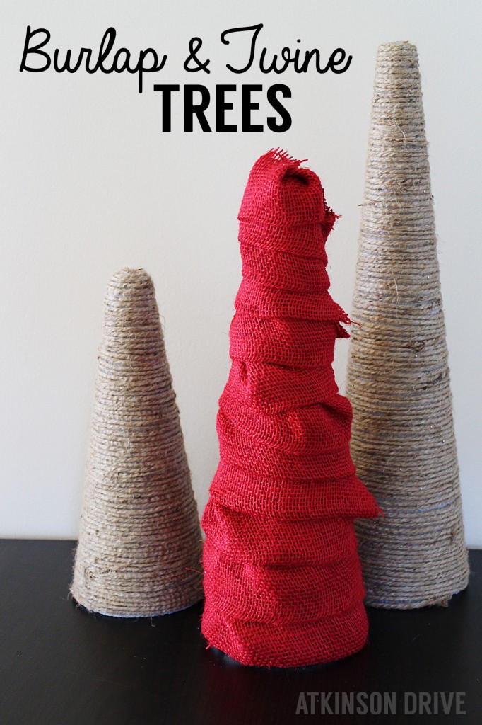 If you have a few minutes, you can make these beautiful burlap and twine wrapped trees. They can be used for Christmas decor, or all year round! /// by Atkinson Drive